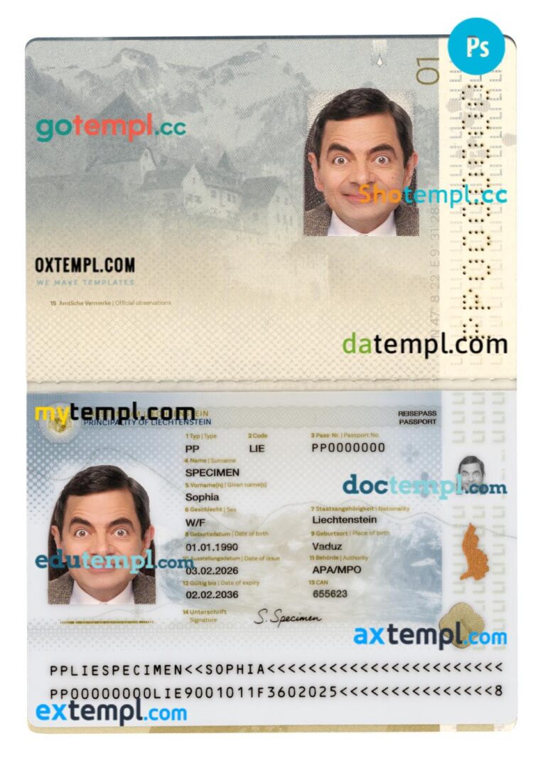 Liechtenstein passport PSD template, 2026-present Liechtenstein passport PSD template, 2026-present