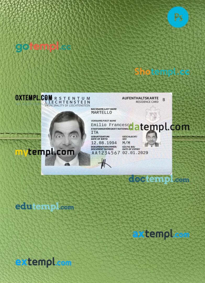 Liechtenstein residence permit PSD files, scan look and photo-realistic look, 2 in 1 Liechtenstein residence permit PSD files, scan look and photo-realistic look, 2 in 1