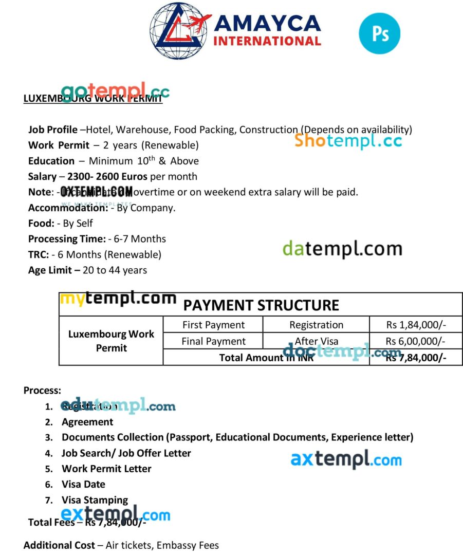 Luxembourg international work permit template in PSD format