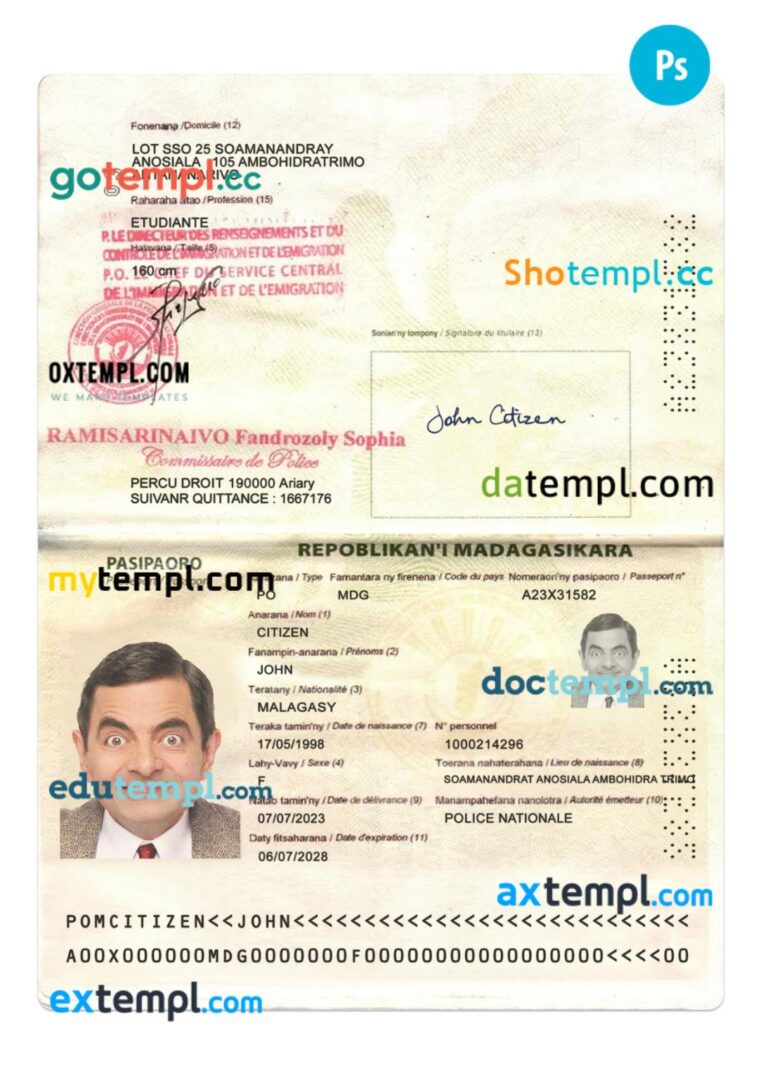 Madagascar passport PSD template, 2023-present Madagascar passport PSD template, 2023-present