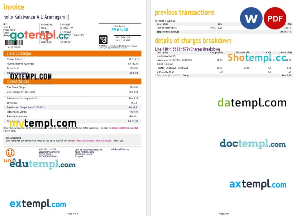 Malaysia Telekom Malaysia (Unifi) telecom utility bill in Word and PDF format Malaysia Telekom Malaysia (Unifi) telecom utility bill in Word and PDF format