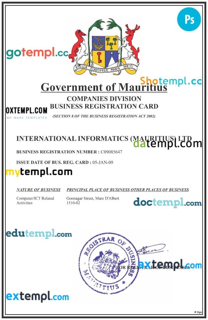 Mauritius business registration certificate PSD template Mauritius business registration certificate PSD template