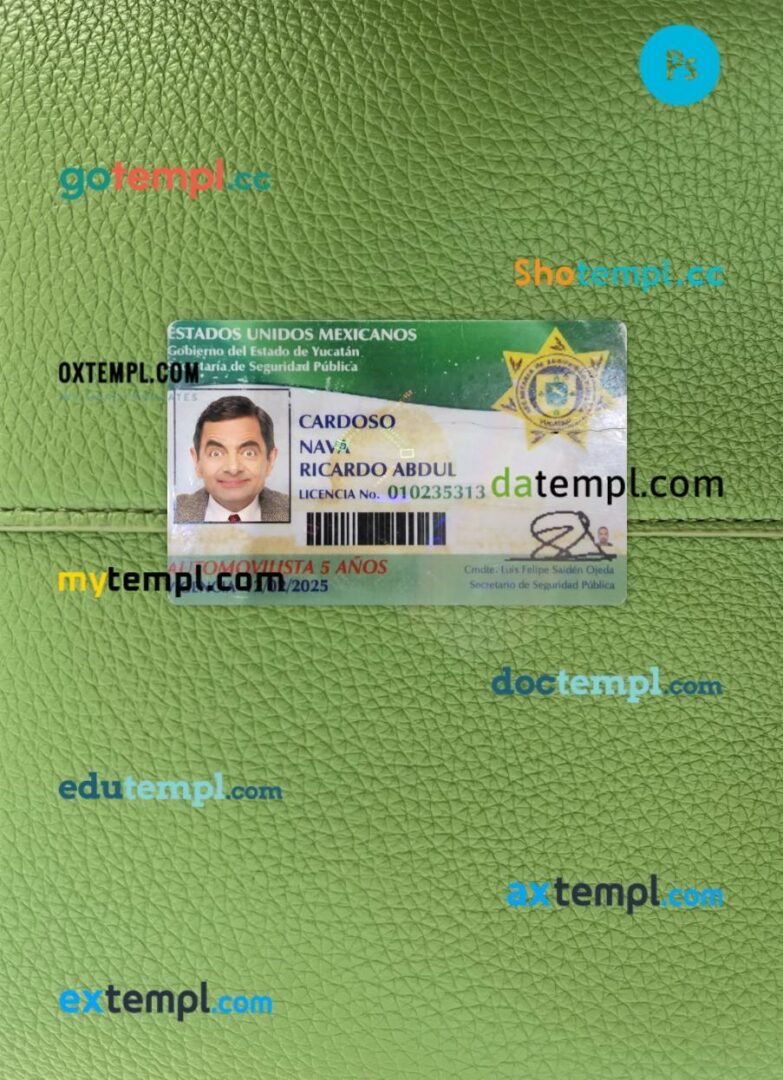 Mexico Yucatan state driving license PSD files, scan look and photographed image, 2 in 1