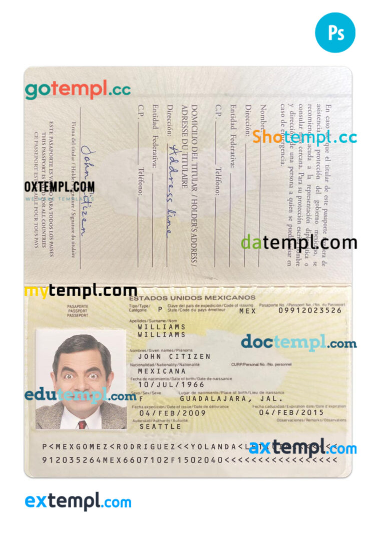 Mexico passport PSD template, 2009-present Mexico passport PSD template, 2009-present
