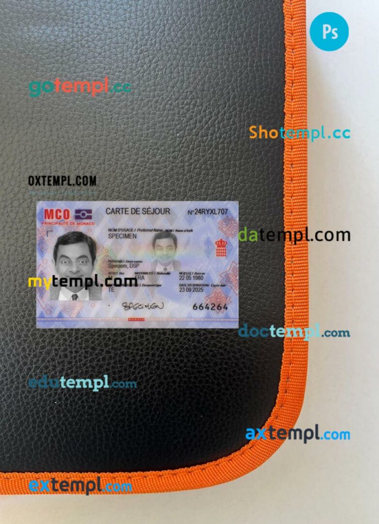 Monaco residence permit editable PSD files, scan look and photo-realistic look, 2 in 1, 2024-present Monaco residence permit editable PSD files, scan look and photo-realistic look, 2 in 1, 2024-present