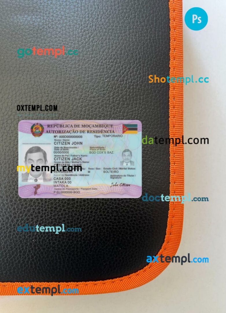 Mozambique residence card editable PSD files, scan look and photo-realistic look, 2 in 1 Mozambique residence card editable PSD files, scan look and photo-realistic look, 2 in 1