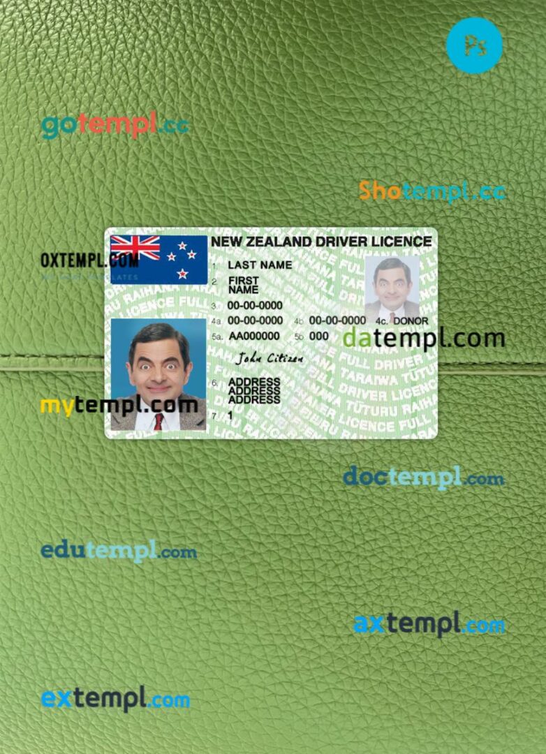 New Zealand driving license PSD files, scan look and photographed image, 2 in 1, version 3