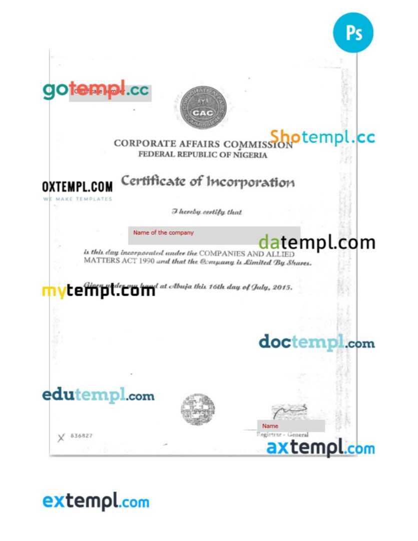 Nigeria Business Registration Certificate (Certificate of Incorporation) PSD template Nigeria Business Registration Certificate (Certificate of Incorporation) PSD template