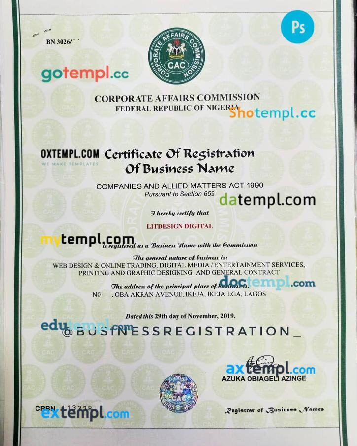 Nigeria Corporate Affairs Commission business certificate PSD template Nigeria Corporate Affairs Commission business certificate PSD template
