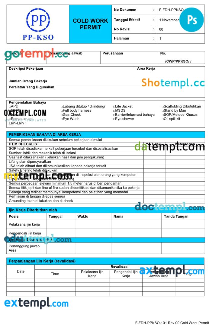 PP-KSO company work permit template in PSD format