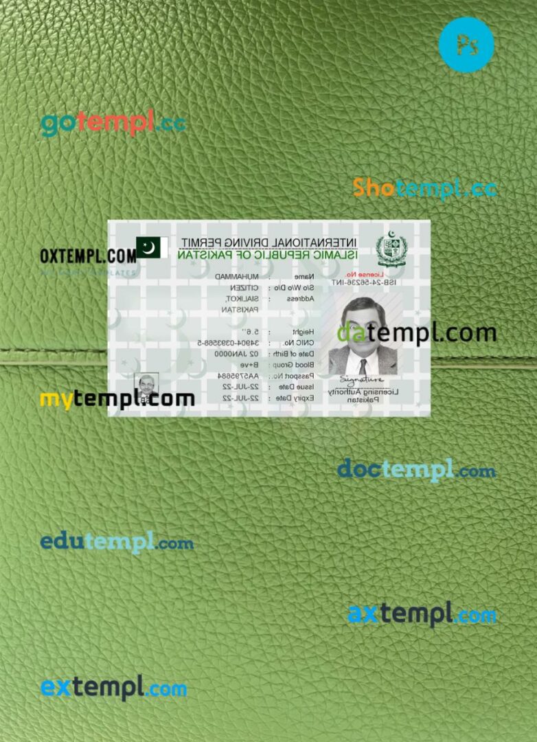 Pakistan international driving license PSD files, scan look and photographed image, 2 in 1, 2022-present