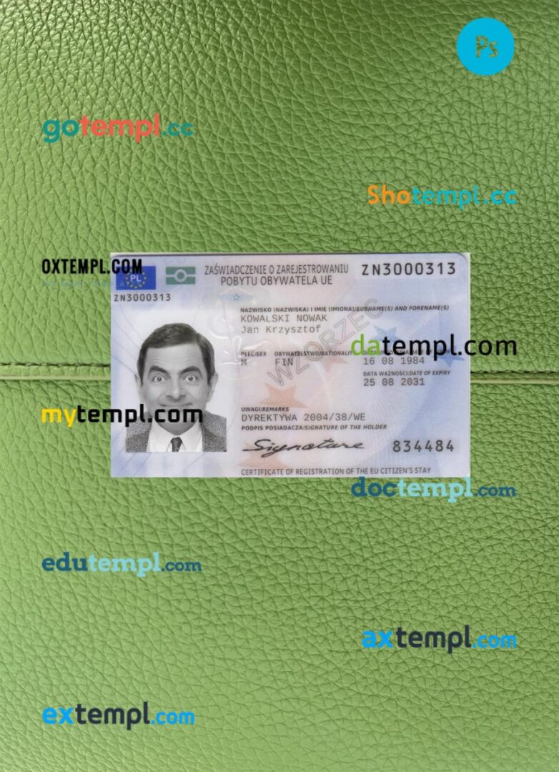 Poland residence permit PSD files, scan look and photo-realistic look, 2 in 1, 2021-present Poland residence permit PSD files, scan look and photo-realistic look, 2 in 1, 2021-present