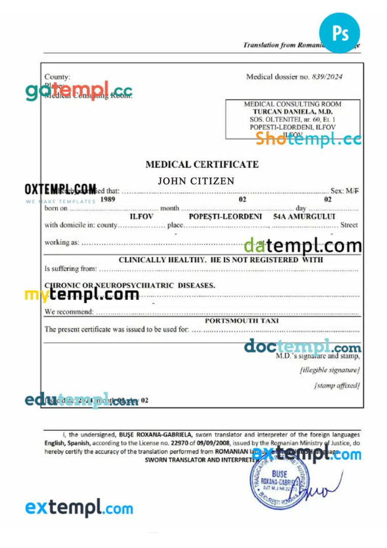 Romania medical certificate template in PSD format