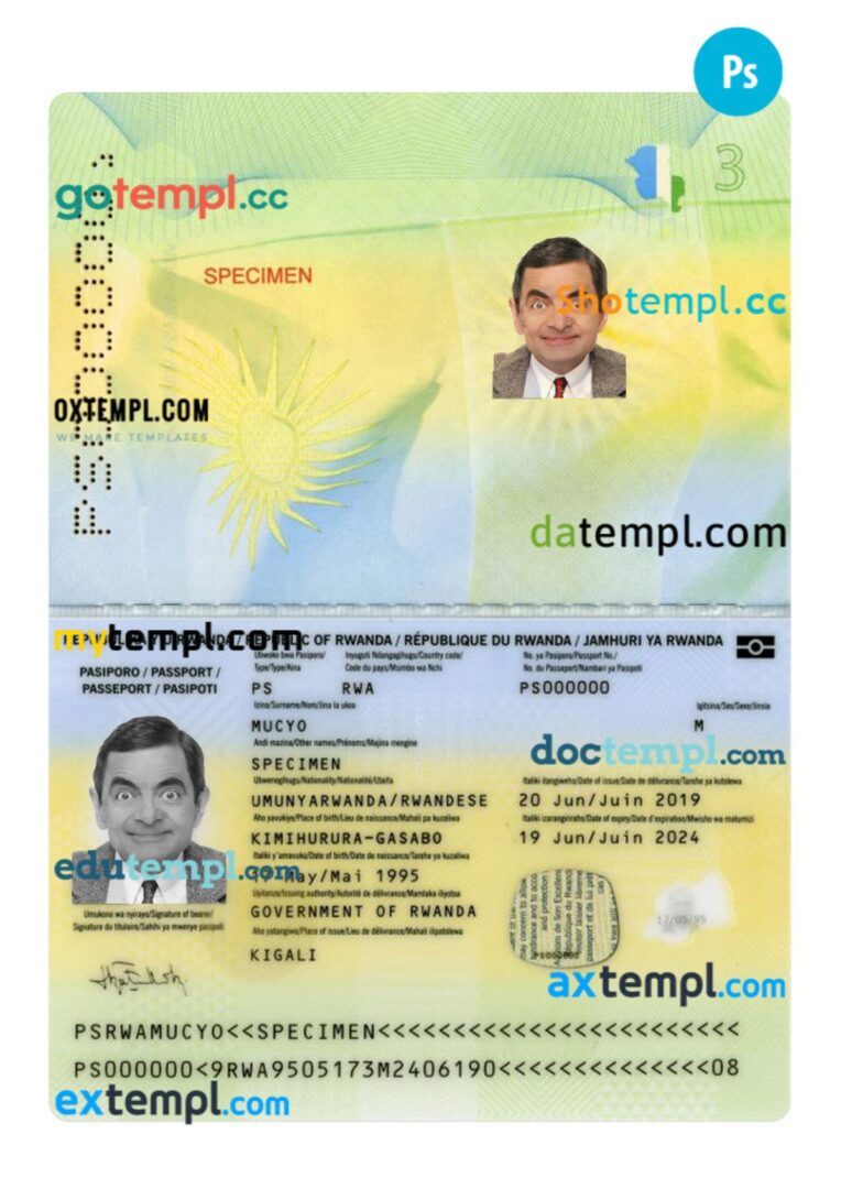 Rwanda passport PSD template, 2019-present Rwanda passport PSD template, 2019-present