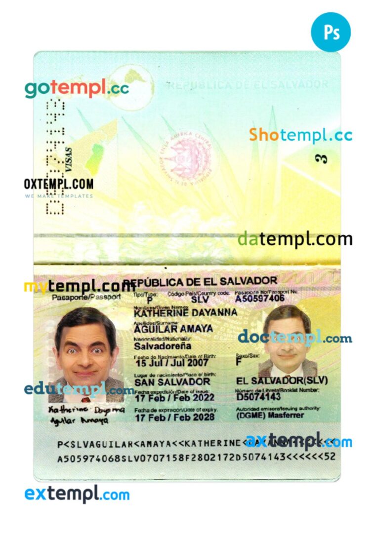 Salvador passport PSD template, 2022-present Salvador passport PSD template, 2022-present