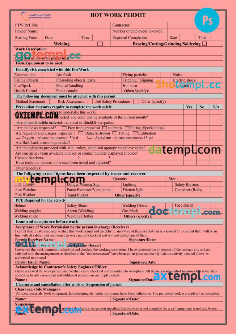 Saudi electricity company work permit template in PSD format