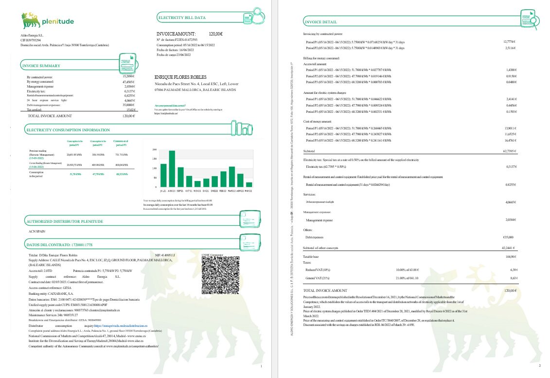 Spain Plenitude electricity utility bill in Word and PDF format Spain Plenitude electricity utility bill in Word and PDF format