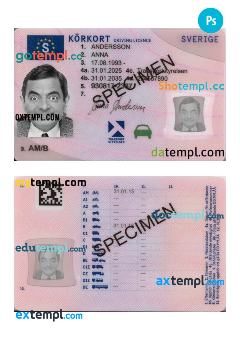Sweden driving license PSD editable template, 2025-present Sweden driving license PSD editable template, 2025-present