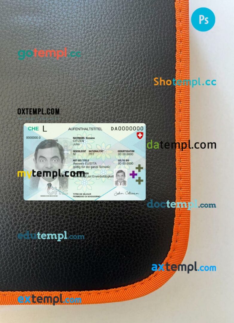 Switzerand residence permit editable PSD files, scan look and photo-realistic look, 2 in 1, 2020-present Switzerand residence permit editable PSD files, scan look and photo-realistic look, 2 in 1, 2020-present