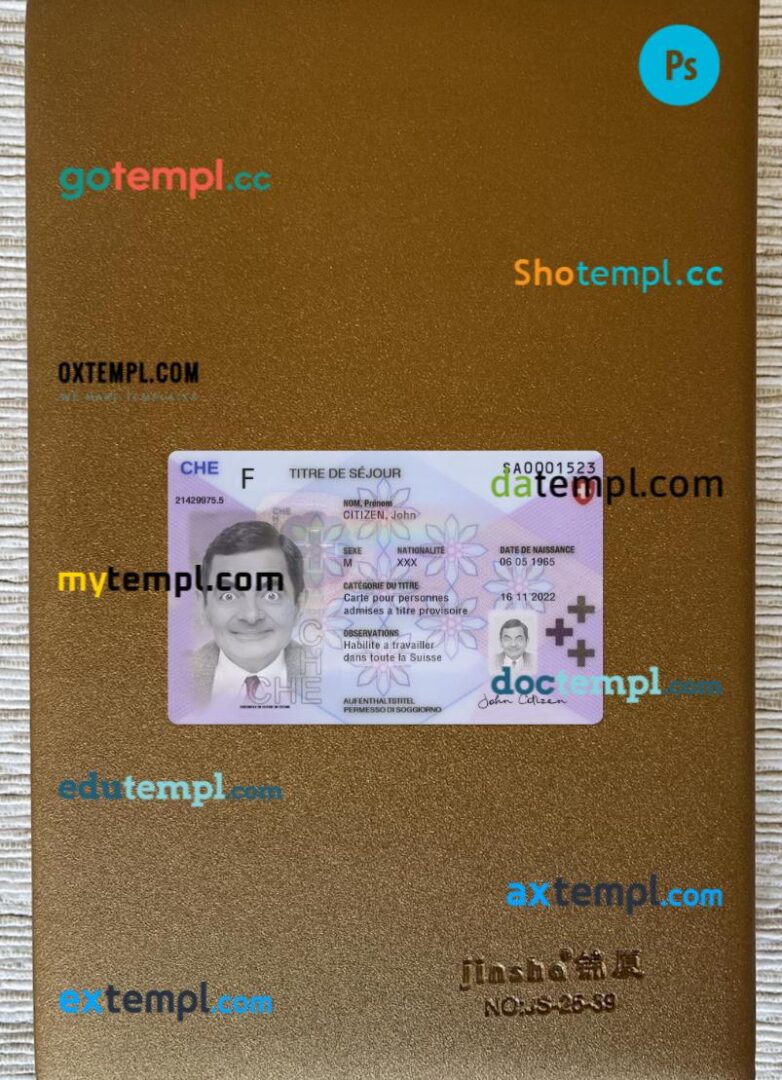 Switzerland residence permit card editable PSD files, scan look and photo-realistic look, 2 in 1 Switzerland residence permit card editable PSD files, scan look and photo-realistic look, 2 in 1
