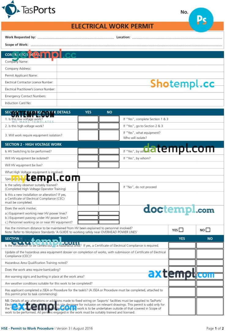 TasPorts electrical work permit template in PSD format