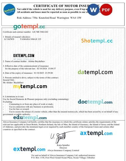 UK Lexham certificate of motor insurance Word and PDF template UK Lexham certificate of motor insurance Word and PDF template