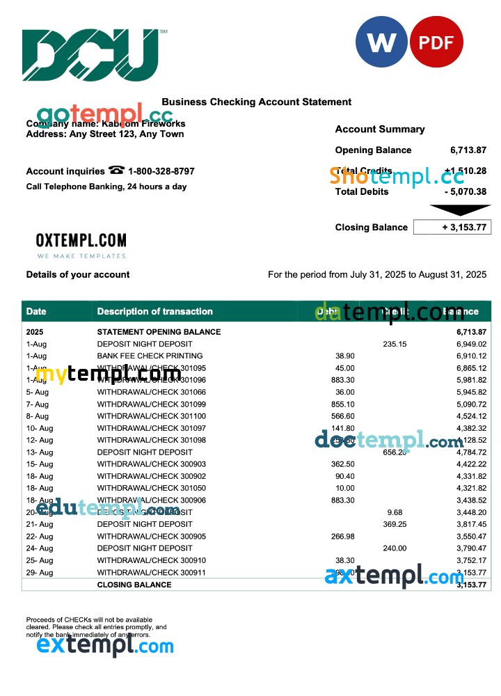 USA DCU company checking account statement Word and PDF template