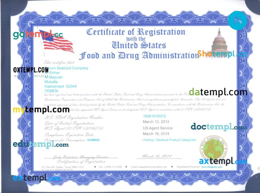 USA Food and Drug Administration (FDA) certificate of registration PSD template USA Food and Drug Administration (FDA) certificate of registration PSD template