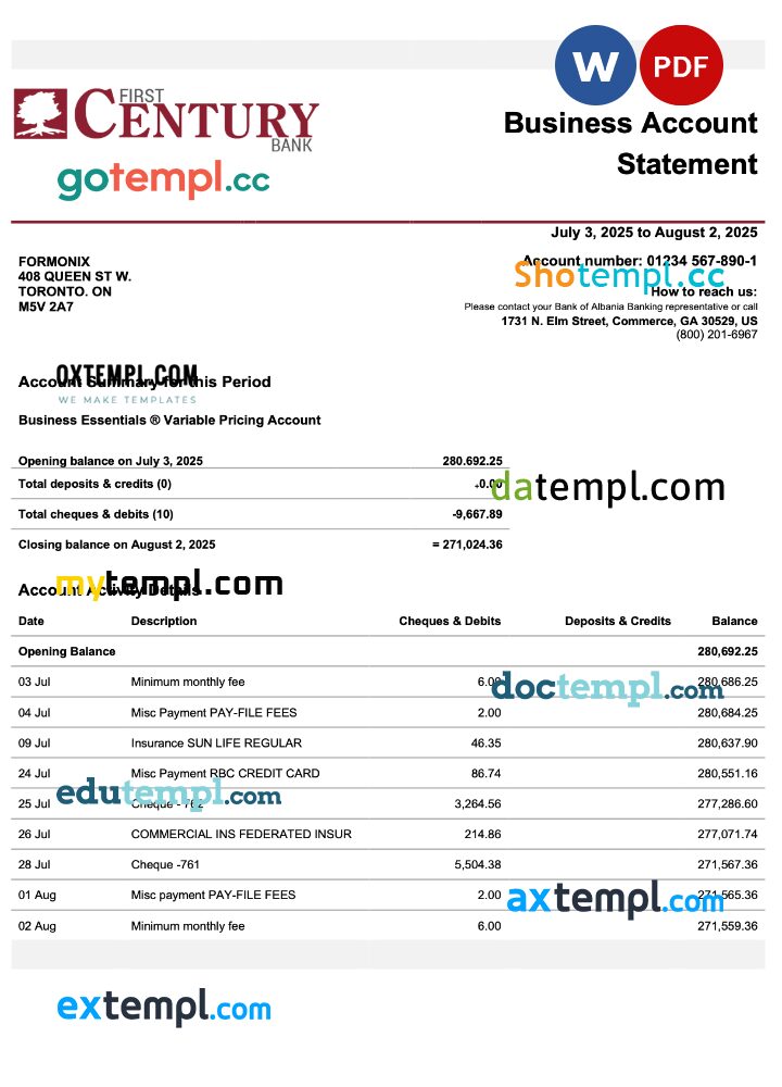 USA Georgian Gainesville First Century firm account statement Word and PDF template