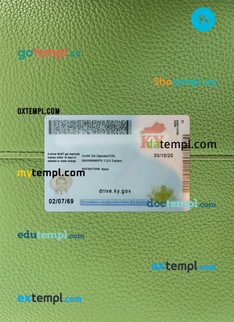 USA Kentucky driving license PSD files, scan look and photographed image, 2 in 1, 2022-present USA Kentucky driving license PSD files, scan look and photographed image, 2 in 1, 2022-present