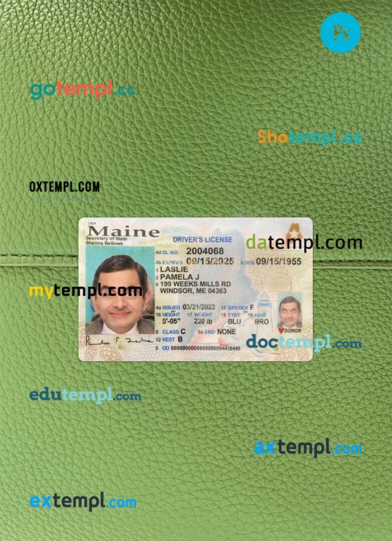 USA Maine driving license PSD files, scan look and photographed image, 2 in 1, 2023-present