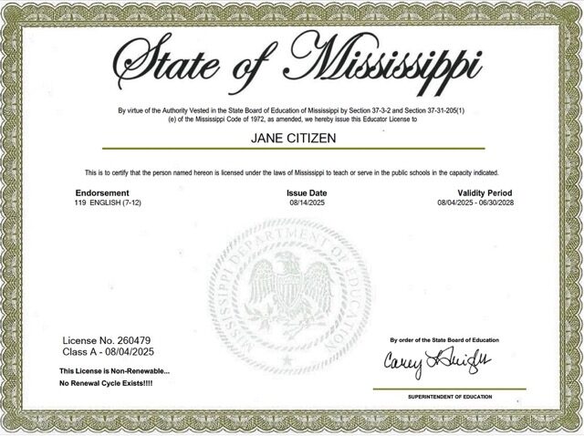 USA Mississippi educational license Word and PDF template
