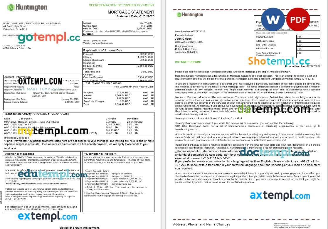 USA Ohio Huntington bank mortgage statement in Word and PDF formats, 3 pages USA Ohio Huntington bank mortgage statement in Word and PDF formats, 3 pages