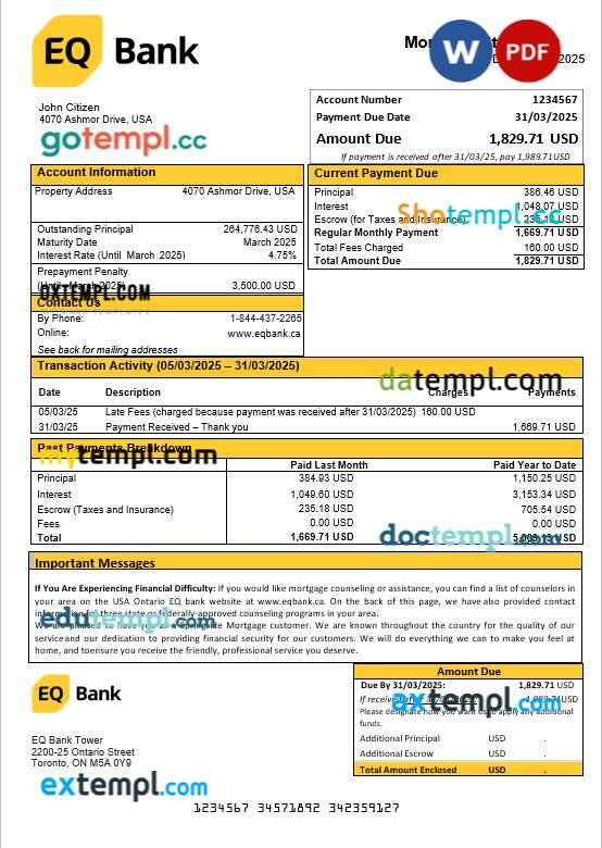 USA Ontario EQ bank mortgage statement in Word and PDF formats USA Ontario EQ bank mortgage statement in Word and PDF formats