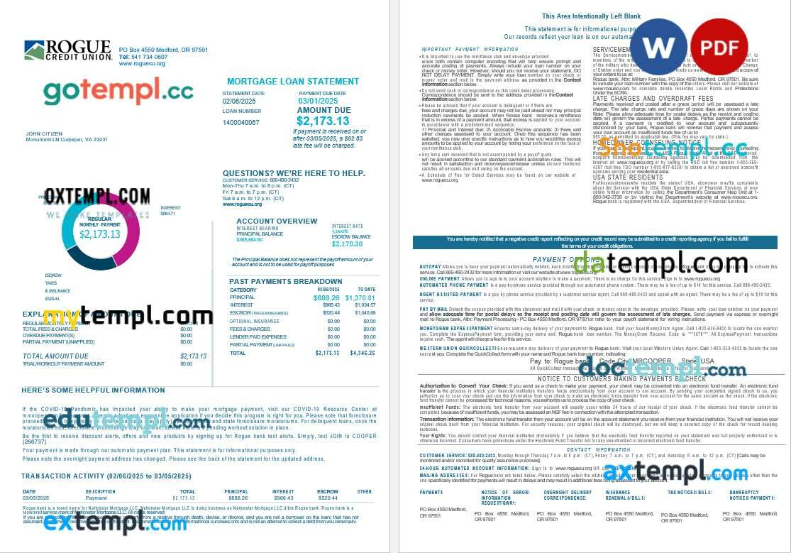 USA Oregon Rogue bank mortgage loan statement in Word and PDF formats, 4 pages USA Oregon Rogue bank mortgage loan statement in Word and PDF formats, 4 pages