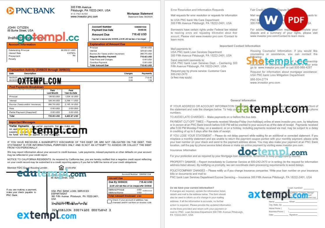 USA PNC bank mortgage statement in Word and PDF formats USA PNC bank mortgage statement in Word and PDF formats
