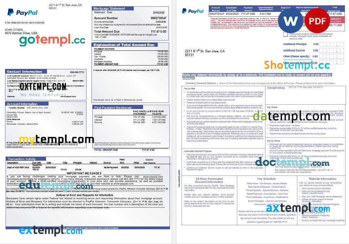 USA PayPal mortgage statement in Word and PDF formats, 3 pages USA PayPal mortgage statement in Word and PDF formats, 3 pages