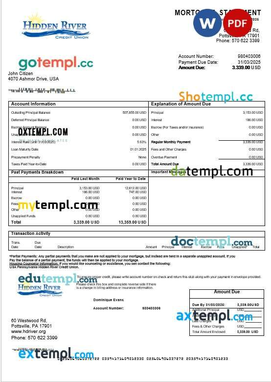 USA Pennsylvania Hidden River Credit Union mortgage statement in Word and PDF formats USA Pennsylvania Hidden River Credit Union mortgage statement in Word and PDF formats