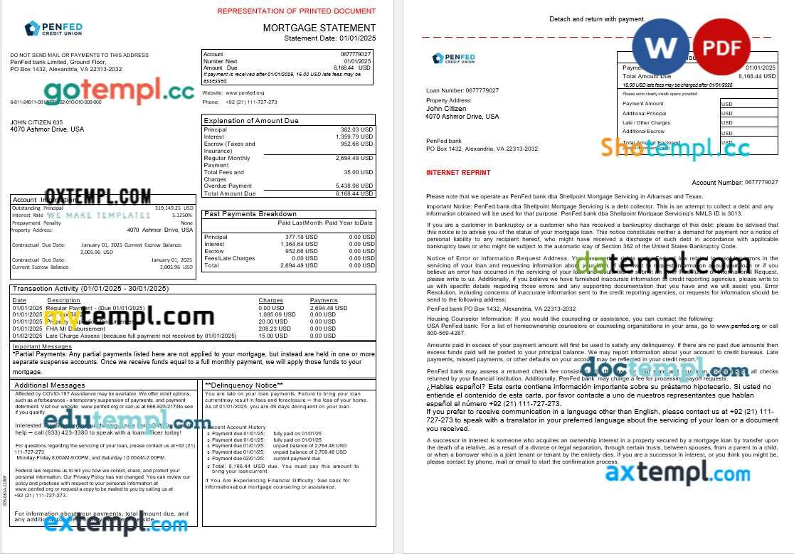 USA Pentagon Federal Credit Union mortgage statement in Word and PDF formats, 3 pages USA Pentagon Federal Credit Union mortgage statement in Word and PDF formats, 3 pages