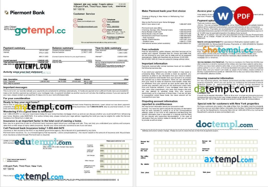 USA Piermont bank mortgage statement in Word and PDF formats, 2 pages USA Piermont bank mortgage statement in Word and PDF formats, 2 pages