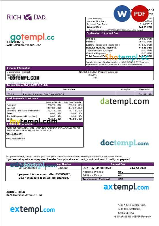 USA Rich Dad bank mortgage statement in Word and PDF formats USA Rich Dad bank mortgage statement in Word and PDF formats