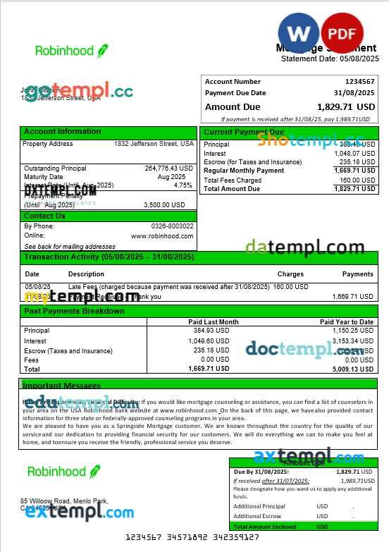 USA Robinhood bank mortgage statement in Word and PDF formats USA Robinhood bank mortgage statement in Word and PDF formats