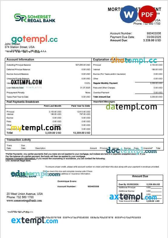 USA Somerset Regal Bank mortgage statement in Word and PDF formats USA Somerset Regal Bank mortgage statement in Word and PDF formats