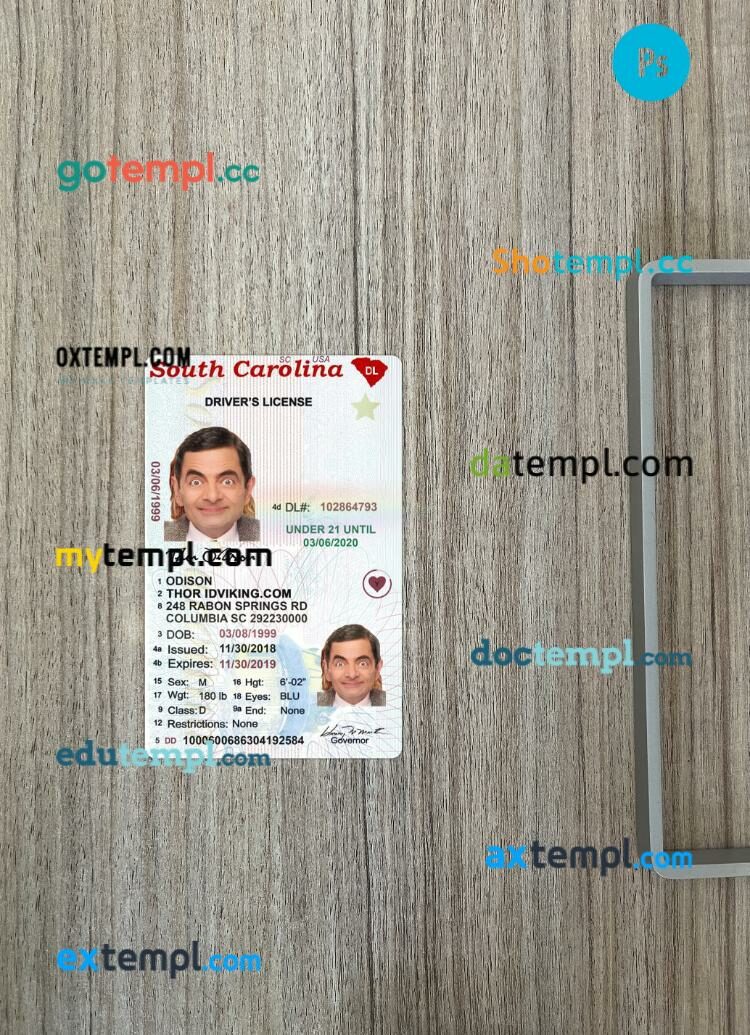 USA South Carolina under 21 driving license PSD files, scan look and photographed image, 2 in 1