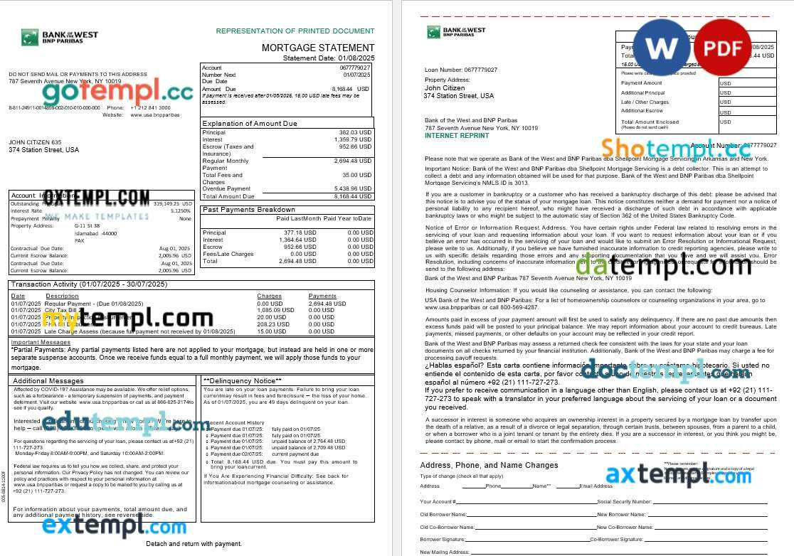 USA South Dakota Bank of the West BNP Paribas bank mortgage statement in Word and PDF formats, 3 pages USA South Dakota Bank of the West BNP Paribas bank mortgage statement in Word and PDF formats, 3 pages