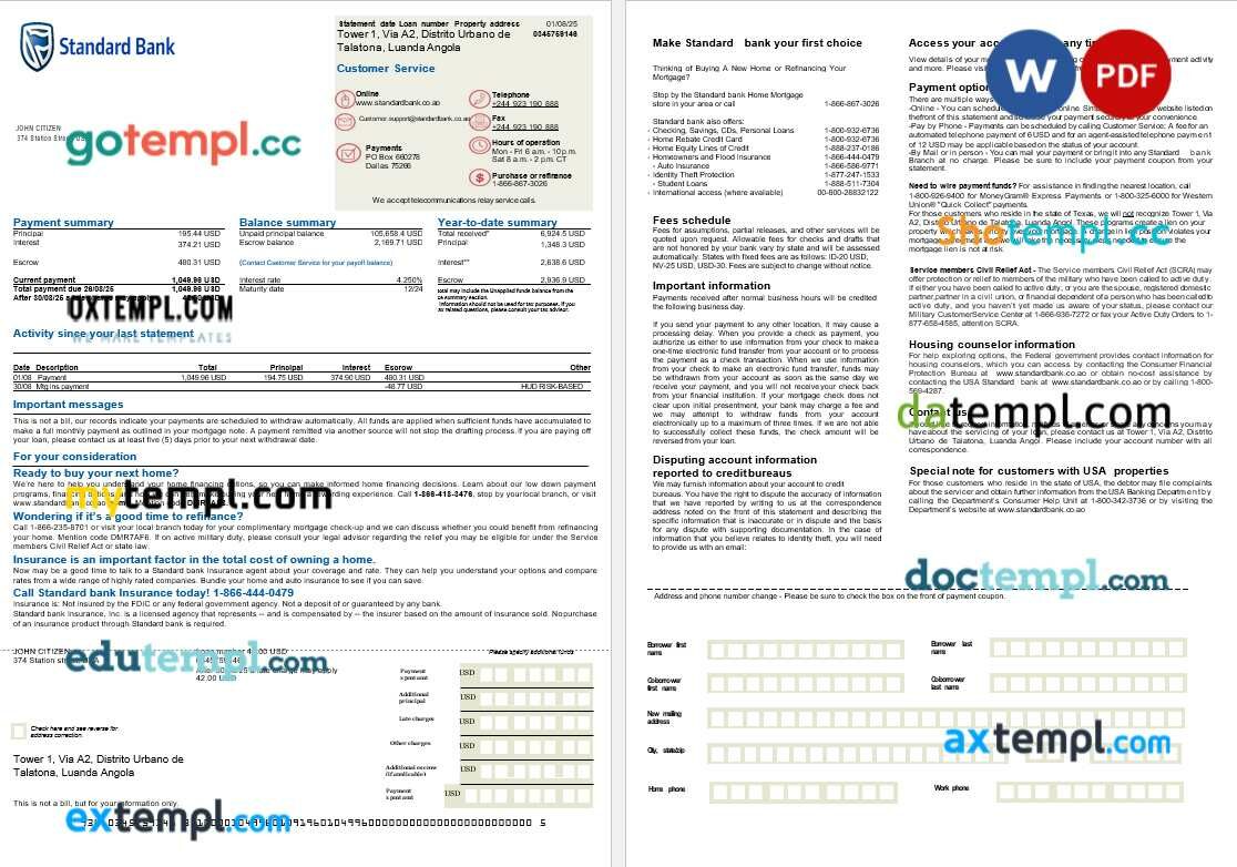 USA Standard Bank mortgage statement in Word and PDF formats, 2 pages USA Standard Bank mortgage statement in Word and PDF formats, 2 pages