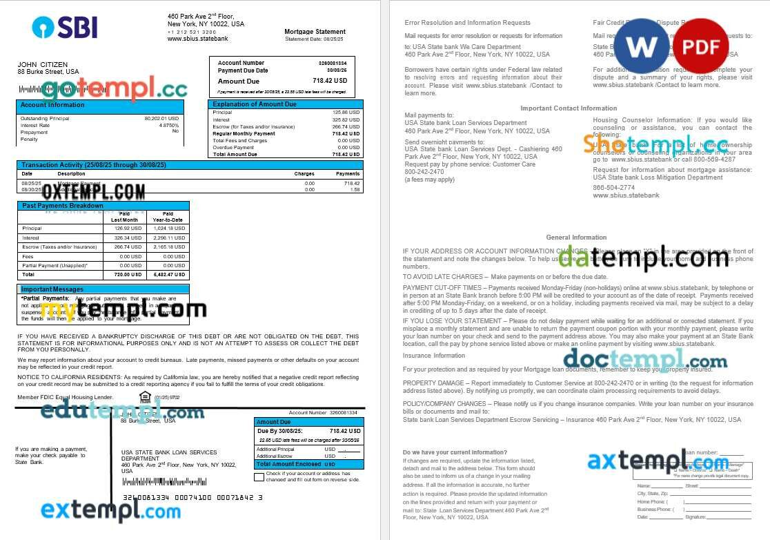 USA State Bank of Indian bank mortgage statement in Word and PDF formats USA State Bank of Indian bank mortgage statement in Word and PDF formats