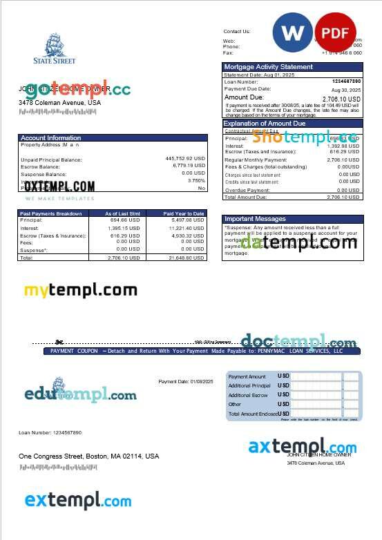 USA State Street Corporation bank mortgage statement in Word and PDF formats USA State Street Corporation bank mortgage statement in Word and PDF formats