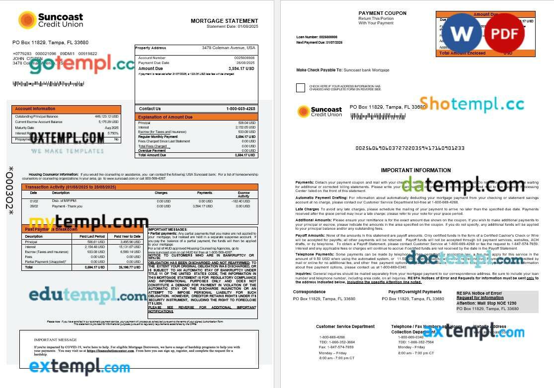 USA Suncoast bank mortgage statement in Word and PDF formats USA Suncoast bank mortgage statement in Word and PDF formats