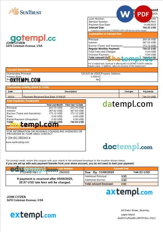 USA Suntrust bank mortgage statement in Word and PDF formats USA Suntrust bank mortgage statement in Word and PDF formats
